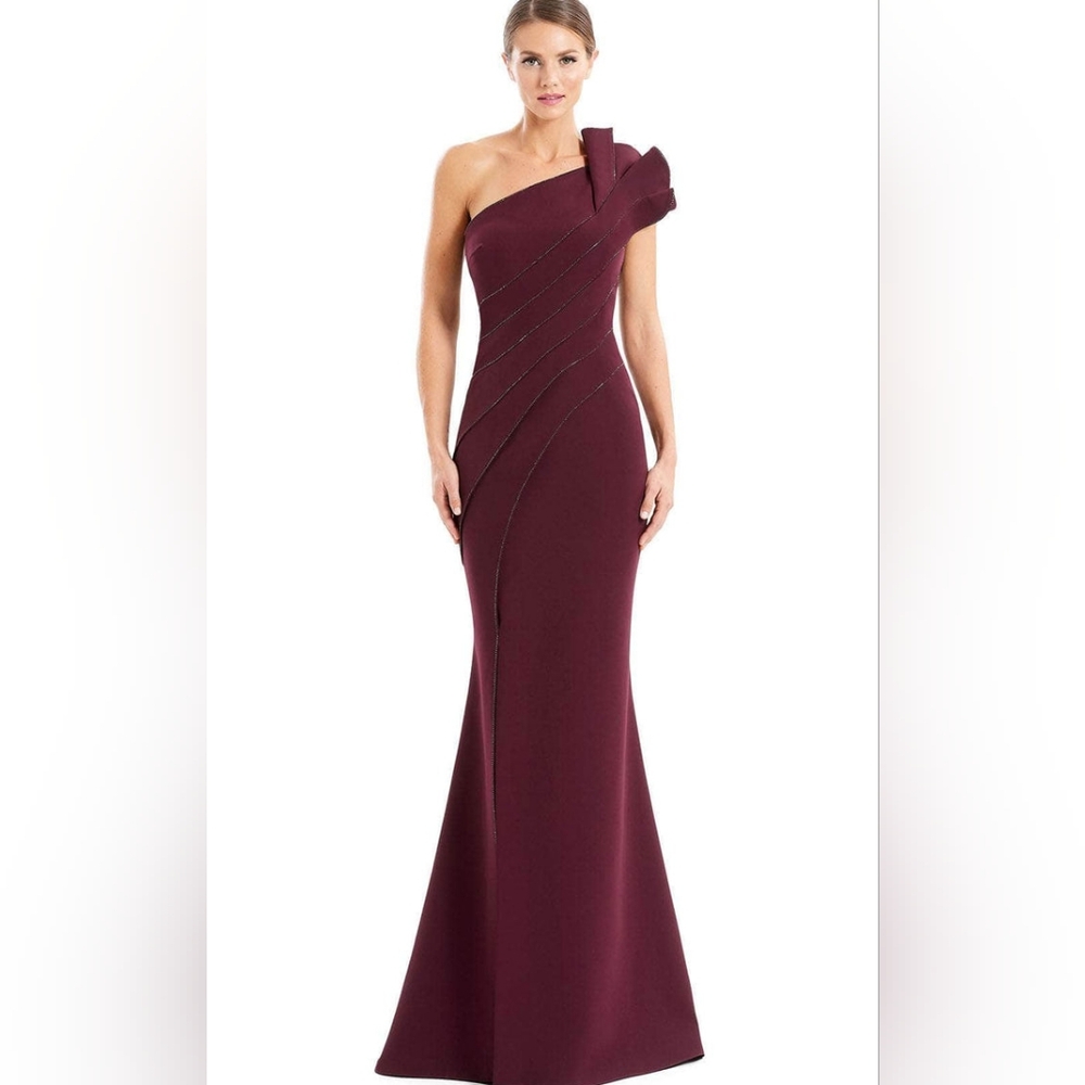 Alexander By Daymor 1671 Pleated Asymmetric Neck Evening Gown - Wine